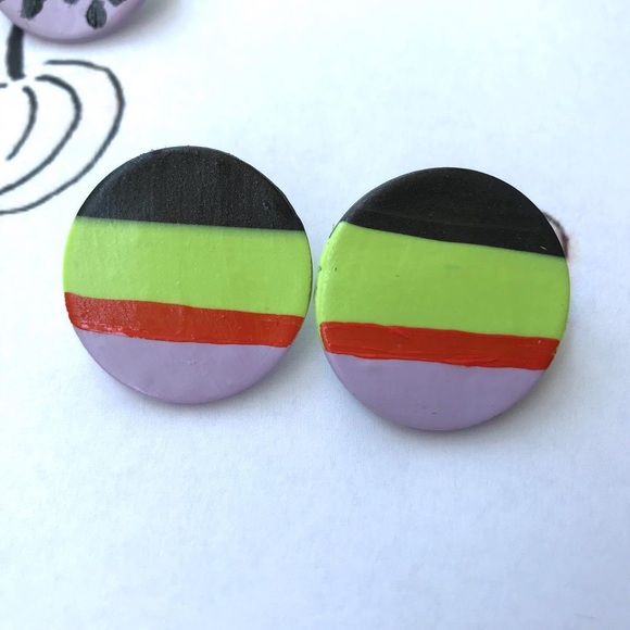 Hand Crafted Jewelry - NEW Large Polymer Clay Green, Black, Purple, and Orange Halloween Studs